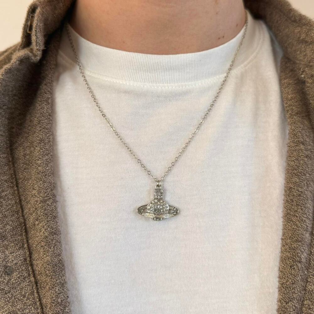 Y2K 2000s Silver Planet Pendant Necklace Unisex Chain Jewelry New
